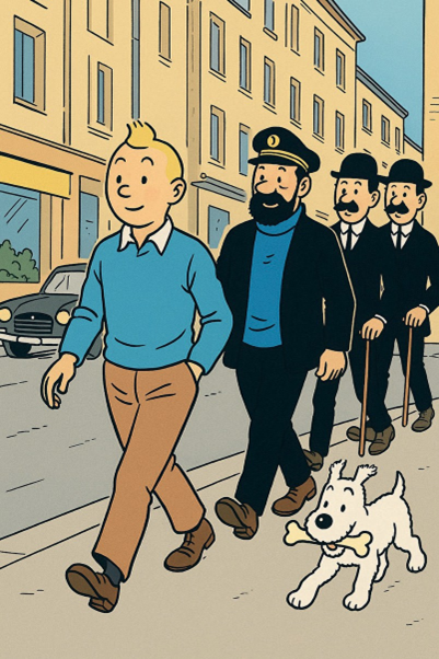 Schulze und Schultze mit Tim, Struppi und Kapitän Haddock